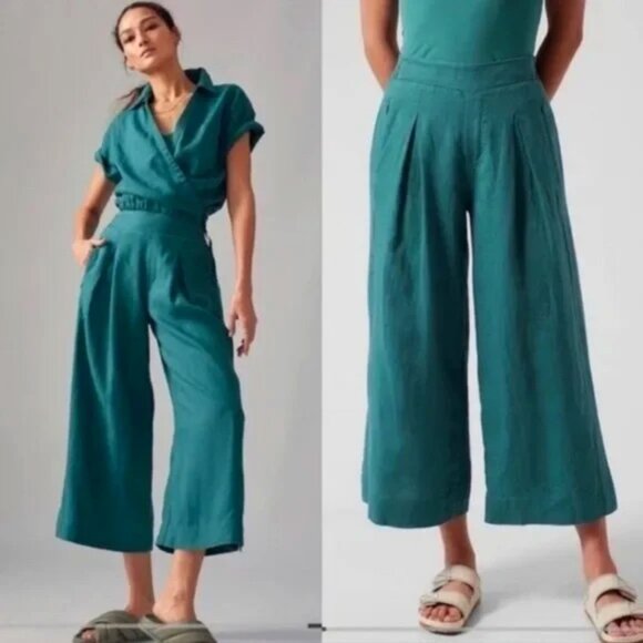 Athleta Pants - Athleta Playa Linen Wide Leg Crop Borealis Green Teal Size 4